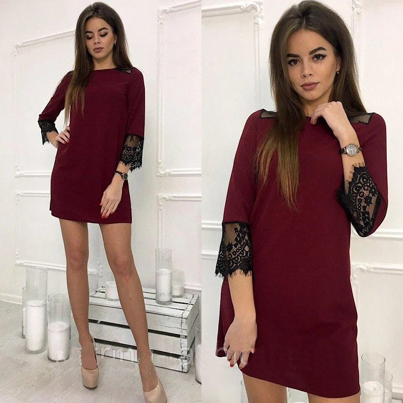 2018 Spring Summer 3/4 Sleeve Fashion Lace Stitching Casual Dress  O-Neck Loose Straight Dress Wine Red l 3