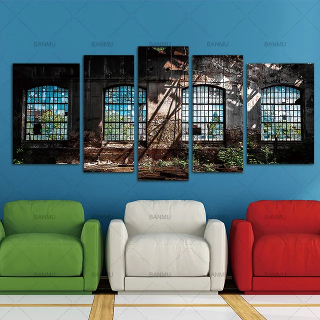 Abandoned Industrial Interior With Bright Light Ruin Window Plant Painting 5 Panels Wall Art Canvas Paintings Home Decor Painting Calligraphy Aliexpress