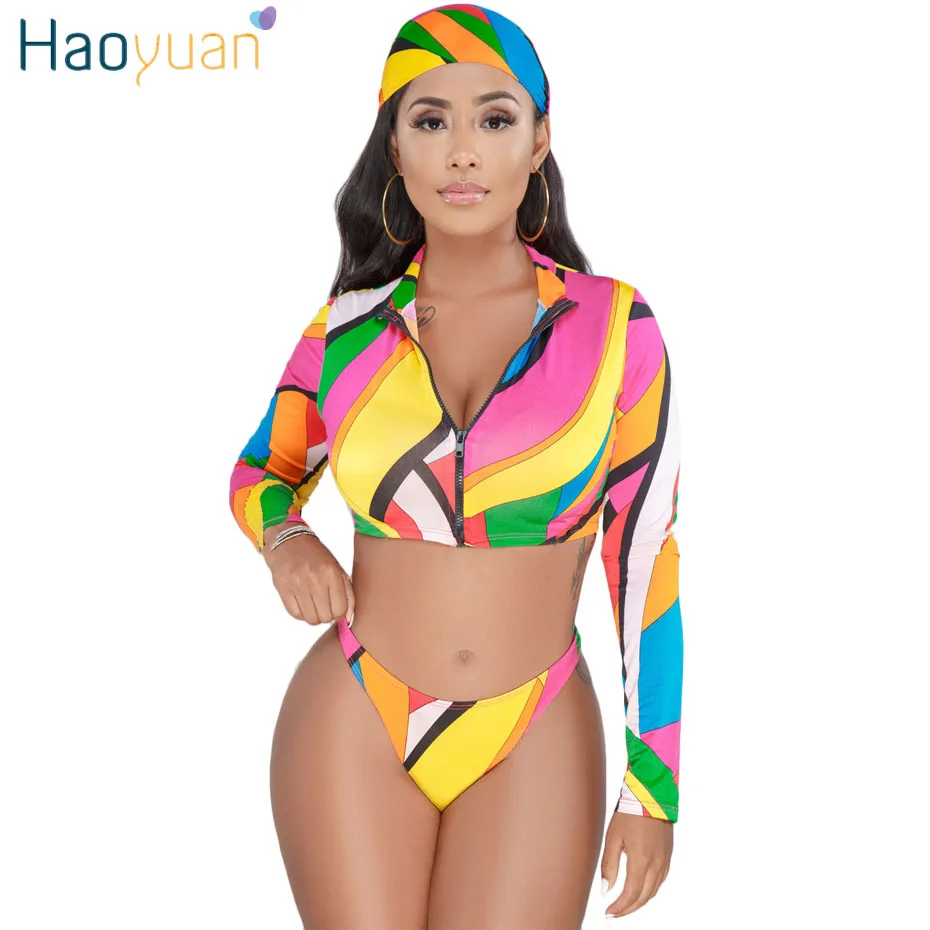 HAOYUAN, сексуальный комплект из 3 предметов, женский платок на голову+ топ на молнии+ треугольные Трусы-шорты, костюмы, летние пляжные комплекты из трех предметов в стиле бохо