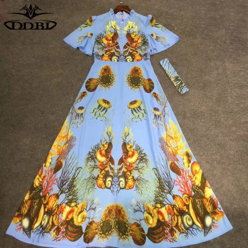 sea corals print dress blue print dresses summer runway dress high quality 2018 20180608
