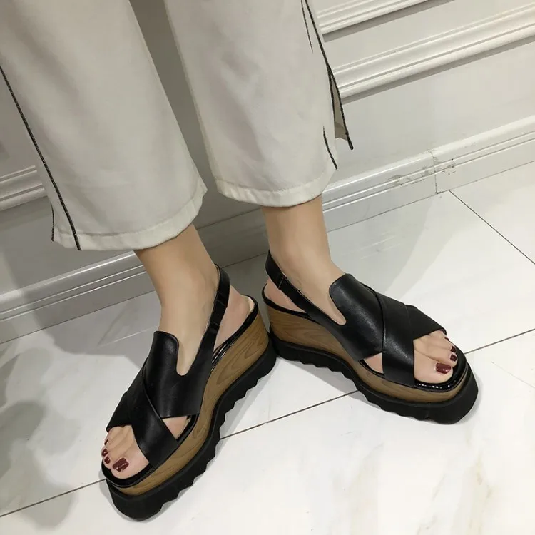 

PXELENA Real Genuine Leather Cross Strap Sandals Women Platform High Heels Wedge Rome Punk Gothic Rock Shoes Lady Casual Black