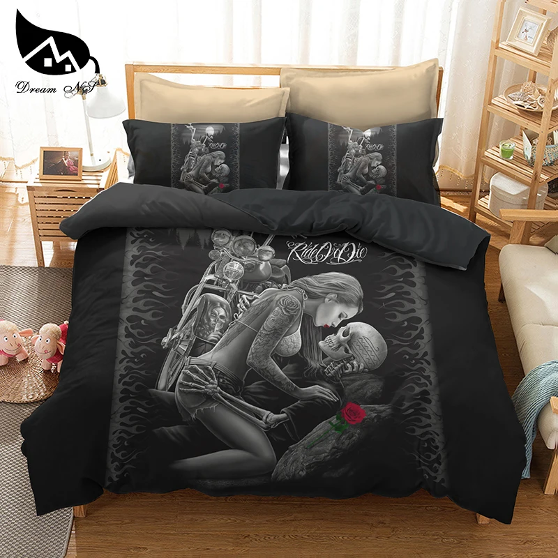 

Dream NS Bedding Set Polyester Fiber Cotton Motorcycle Beauty Skeleton Dark System Quilt Cover Pillowcase Bedding Set