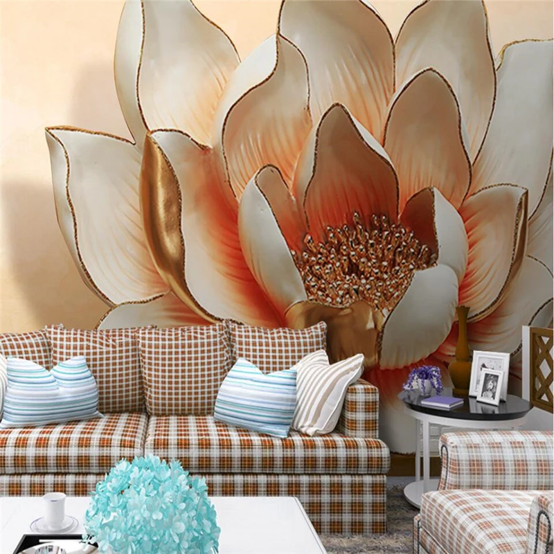 beibehang 3D embossed lotus flower TV sofa background wall murals custom large fresco green wallpaper papel de parede