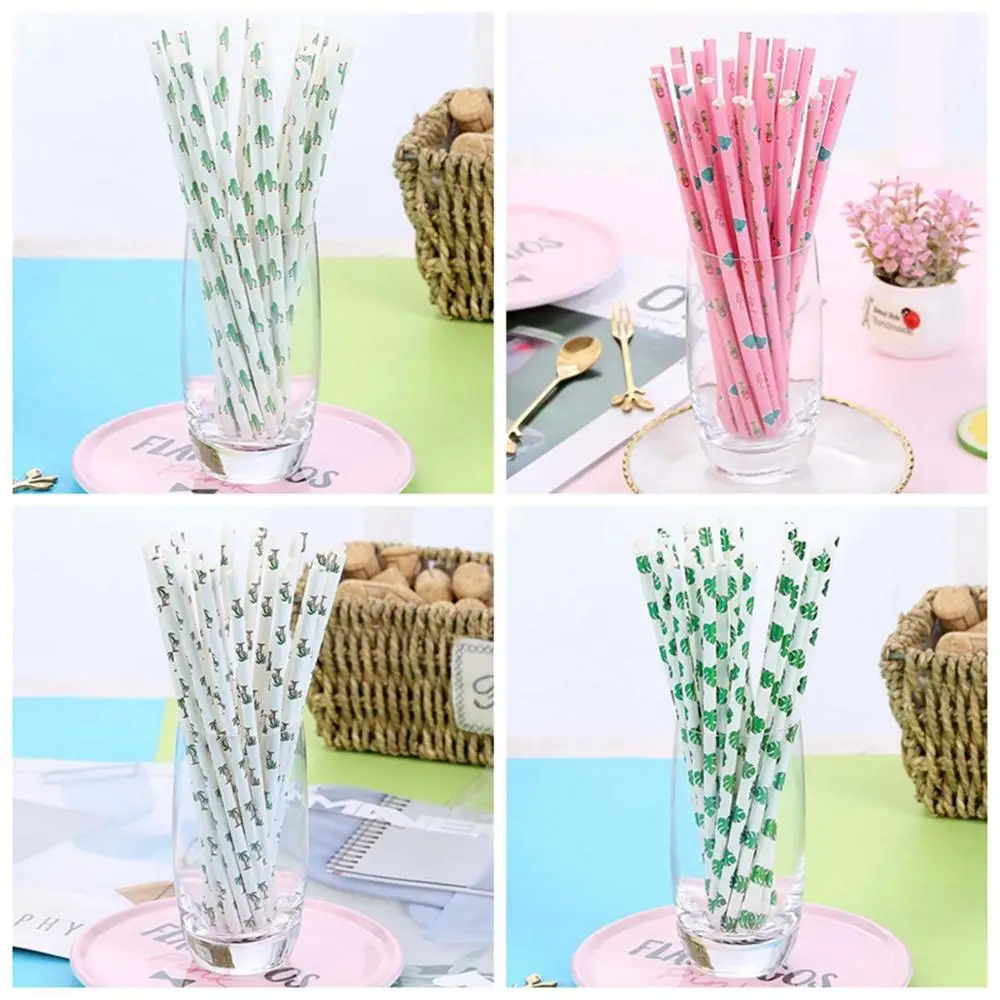 

25pcs Summer Tropical Disposable Paper Straws Green Palm Flamingo Drinking Straw Hawaiian Luau Party Supply Wedding Table Decor