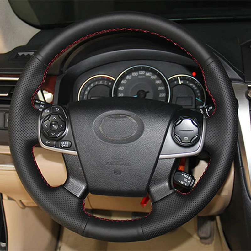 

Free Shipping High Quality cowhide Top Layer Leather handmade Sewing Steering wheel covers protect For Toyota Camry