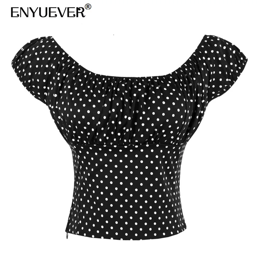 

Enyuever Polka Dot Rockabilly Tops Summer Women Retro Shirt Fitted Off Shoulder Ruffled 50s Vintage Blouse Pinup Cotton Crop Top