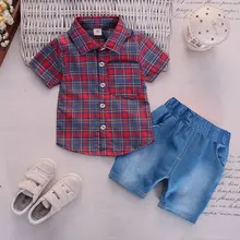 Летняя Новинка года, одежда для мальчиков Милая клетчатая рубашка с короткими рукавами для маленьких мальчиков+ шорты, комплект из 2 предметов, Детские комплекты