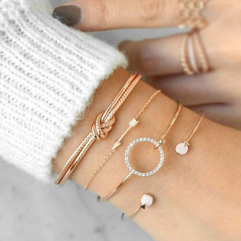 

4 Pcs/Set Classic Arrow Double Knot Round Circle Zircon Gem Multilayer Bracelet Open Cuff Bracelet Set Women Party Jewelry Gift