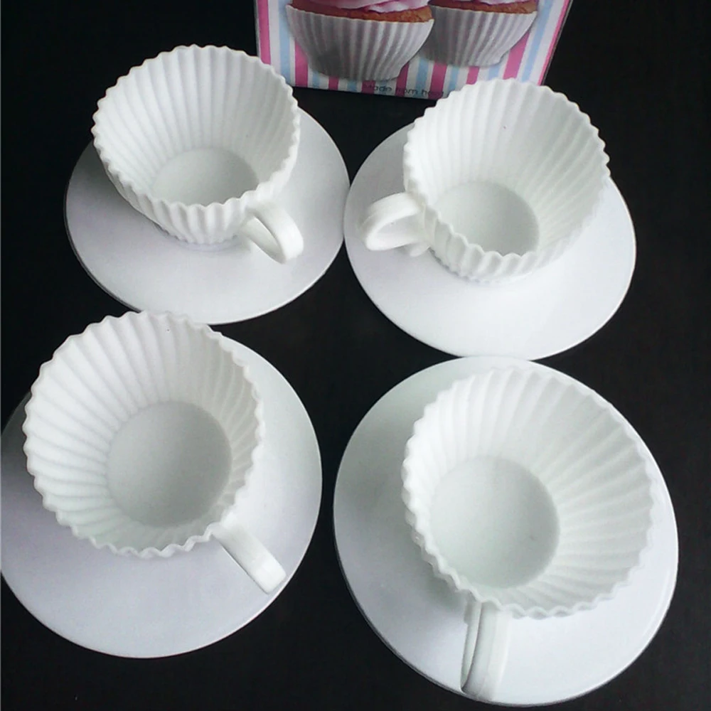 4pcs Silicone Cupcake Cups Muffin Baking Cake Tea Teacup Mold + 4pcs
