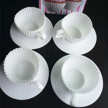 

4pcs Silicone Cupcake Cups Muffin Baking Cake Tea Teacup Mold + 4pcs Saucers