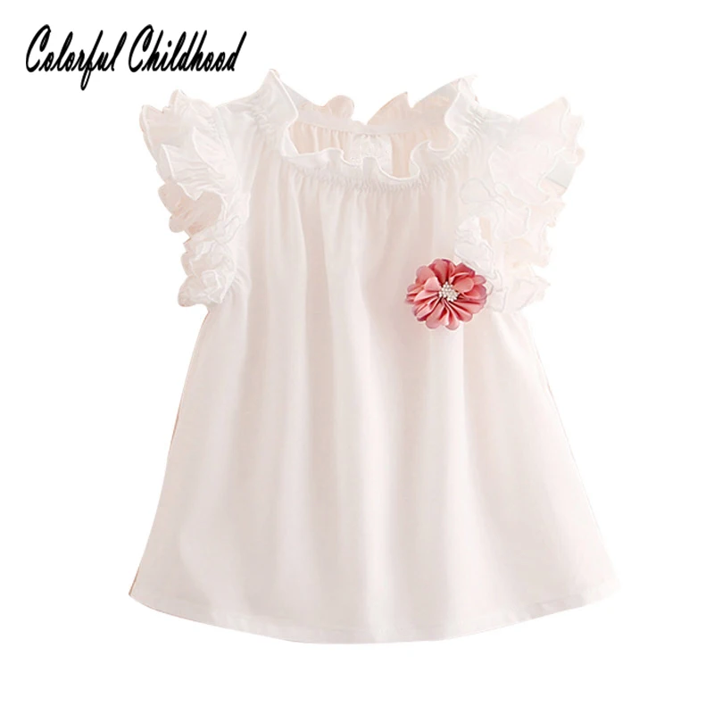 

White blouse girls ruffles flower design vest summer kids shirt casual Cotton tops children clothes 3-10Yrs