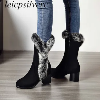 

Women Boots Autumn Winter High Heel Warm Fur Mid-Calf Flock Zip Snow Shoe 2018 Sexy New Fashion Wedding Dress Casual Black Beige