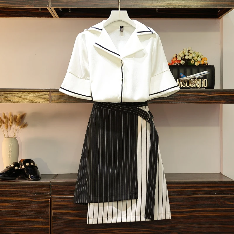 

5XL Large Sizes Women Black White Chiffon Blouses Shirts + Irregular Striped Skirts 2pcs Clothing Set Office Ladies Summer Suits