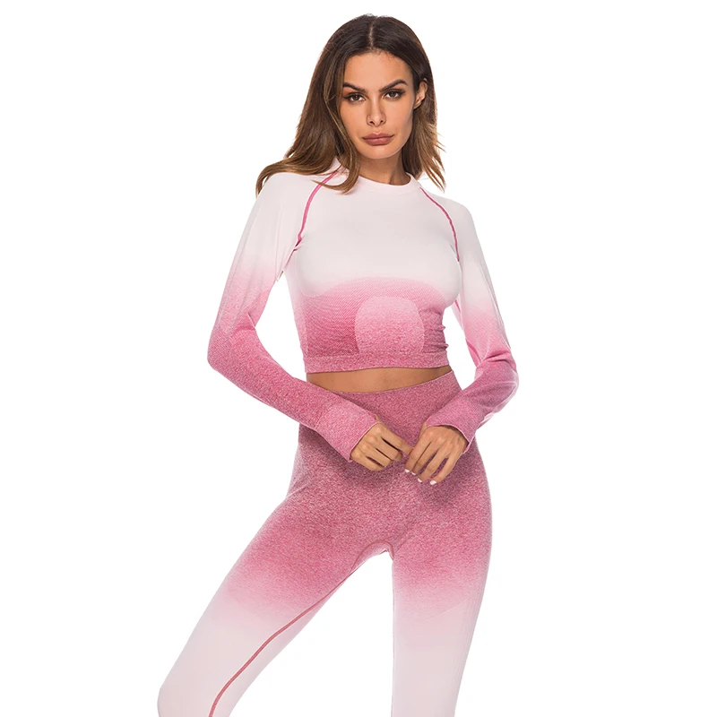 

Seamless High Waist Quick-Drying Breathable Stretch Sets Fitness Push Up Female 2 Piece Set Gradient Color Elastic Clothes Sets