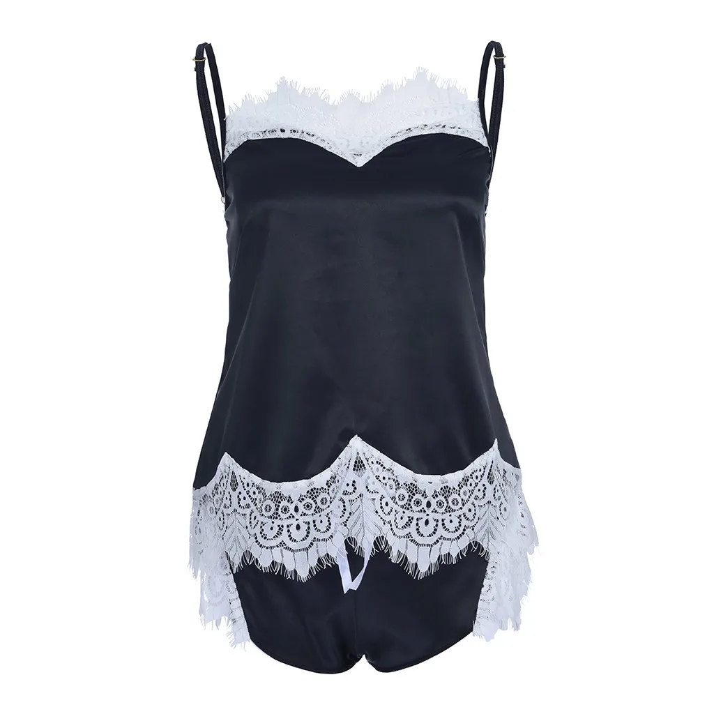 

Women Sleepwear Sleeveless Sexy Lingerie Strap Nightwear Lace Trim Satin Cami Top Sets Underwear NightGowns Sleepwear New Style