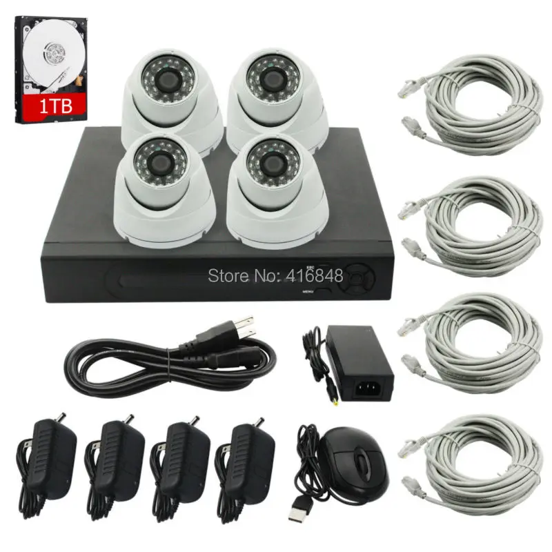 1TB HDD hard disk 4CH NVR recorder 4PCS 1080P IP Dome camera outdoor