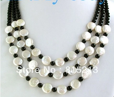

ddh00960 12mm White Coin Freshwater Pearl Onyx Necklace