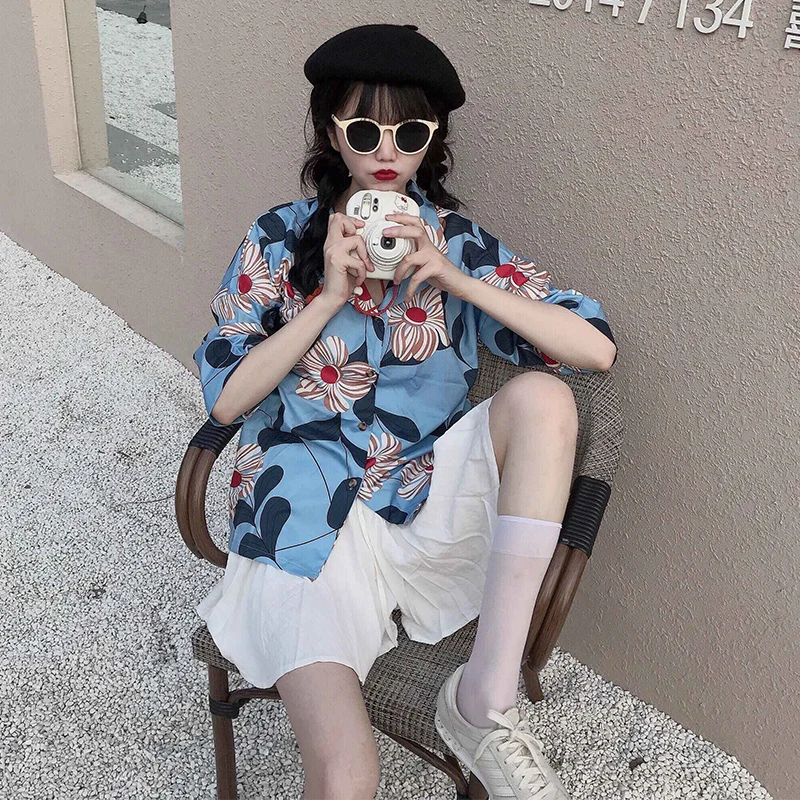 

Hawaii Style Big Flower Print Women's Summer Half Sleeve Blouse Turn Down Collar Shirt Loose Color Blue & Orange