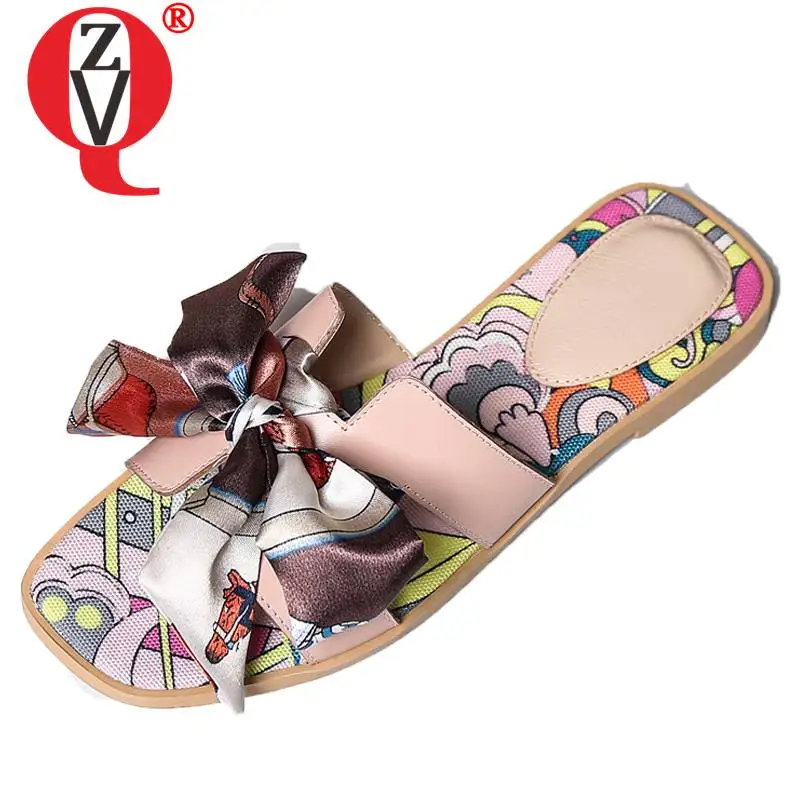 

ZVQ genuine cow leather flat with mules shoes Cartoon Animation floral print pink black outdoor slippers summer woman slides