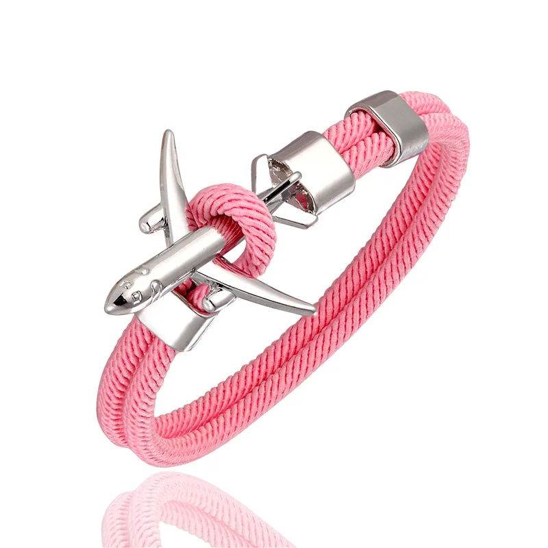 Silver Pink Модный самолет браслет с якорем для мужчин и женщин Шарм ручной работы многоцветные веревки Пара Браслеты homme femme ювелирные изделия Творческие подарки - Окраска металла: Silver Pink