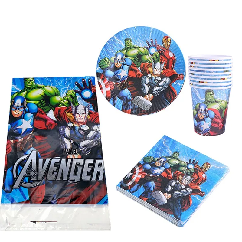 

61PCS/lot Birthday Party Decorate Avengers/Captain America/Iron Man Theme Plates Cups Baby Shower Napkins Kids Favors Tablecloth