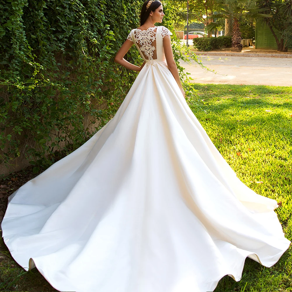 Новинка, свадебное платье с коротким рукавом, бисероплетение, иллюзия аппликации сзади, атласное свадебное платье из Франции, Vestidos De Boda