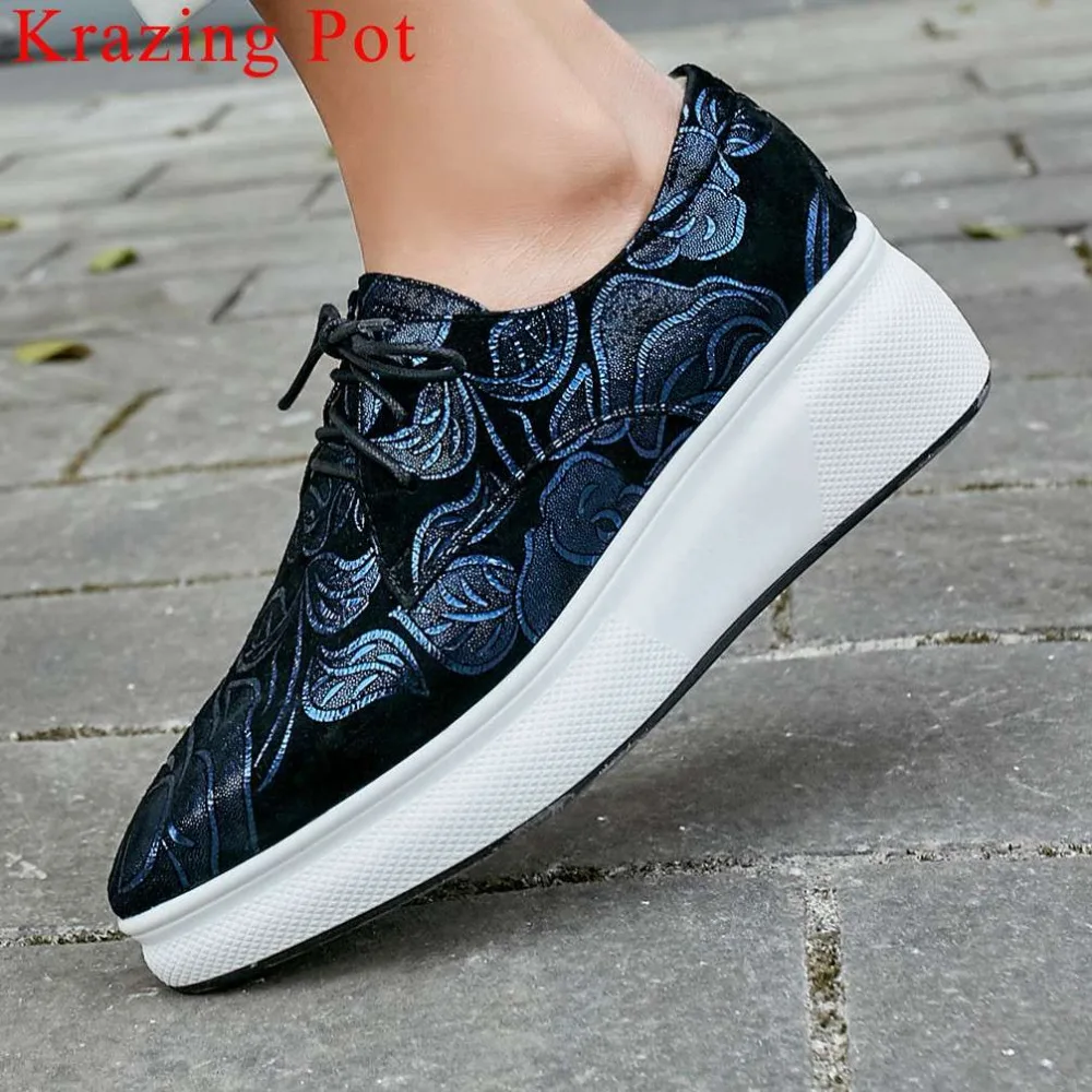 

Krazing Pot 2019 special kid suede oxford pointed toe lace up plus size thick high bottom platform sneakers vulcanized shoes L21