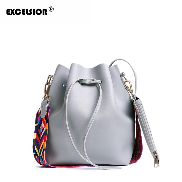 EXCELSIOR Hot Sale High Qulity PU Leather Women's Handbag New Fashionable Bucket Bag Messenger Bags with Colorful Strap G2091