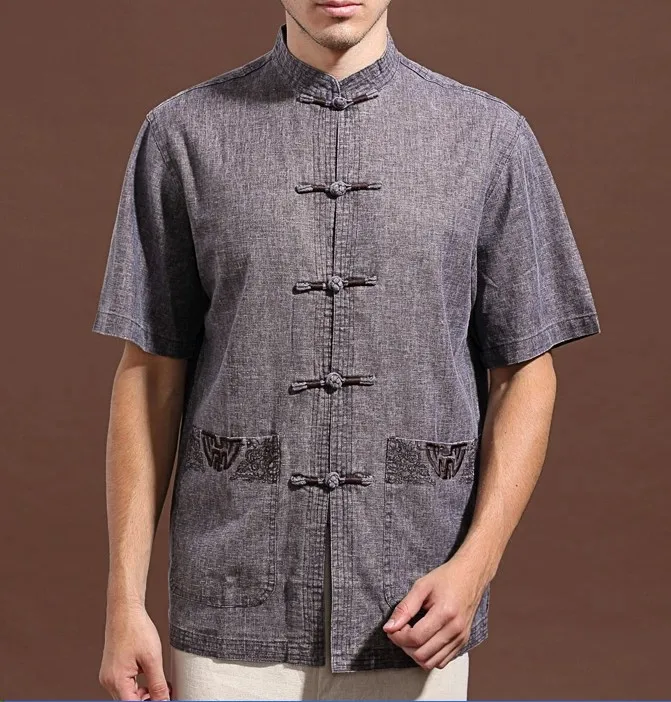 Модная китайская мужская темно-серая хлопковая льняная рубашка с вышивкой кунг-фу с карманом M L XL XXL XXXL M888-4