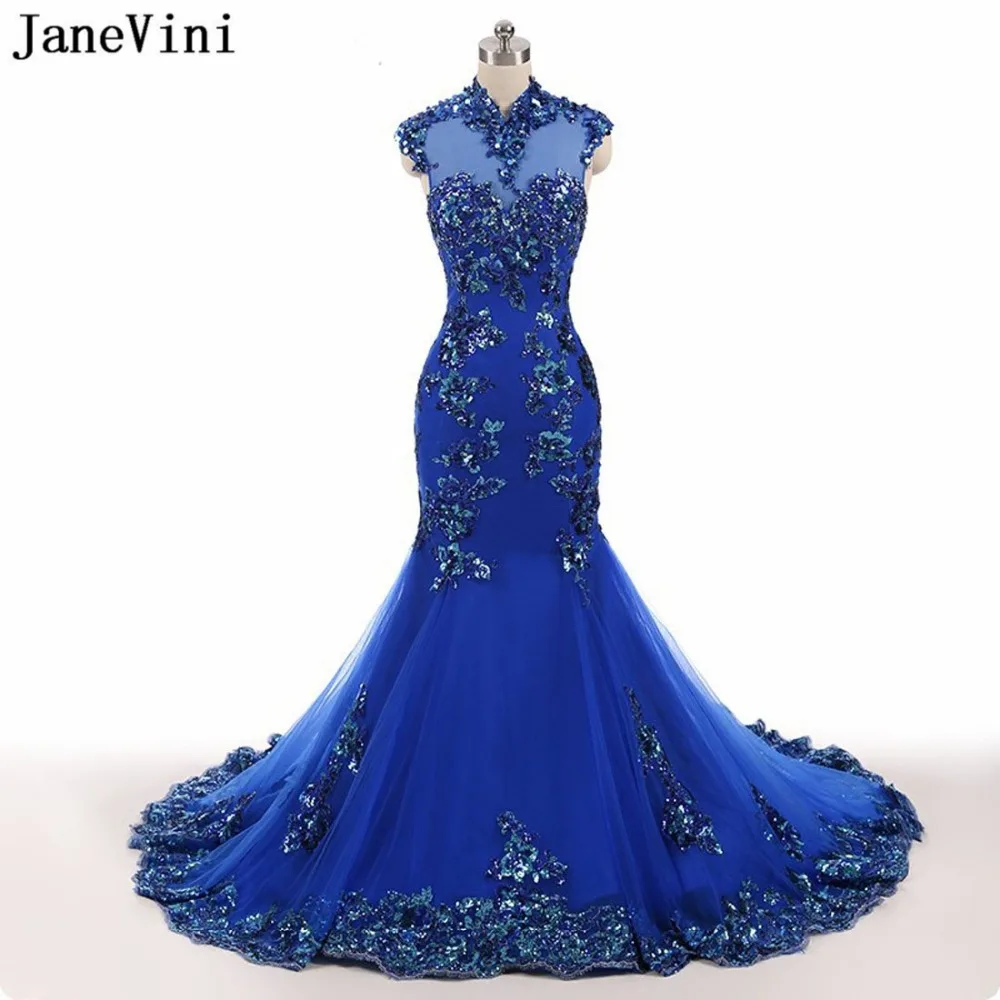 

JaneVini Luxurious Royal Blue African Mermaid Long Evening Dresses High Neck Appliques Sequined Tulle Plus Size Gown Gala Jurken