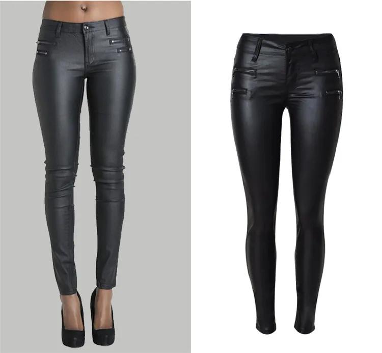 European and American women's hot style low waist slim foot PU leather trousers double zipper (1)