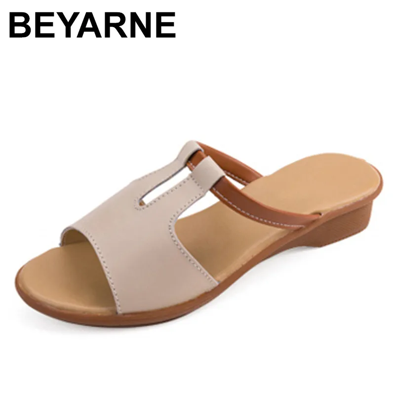

BEYARNE 2018 Fashion Women Shoes Genuine Leather Slippers Female Flat Sandals Casual Slip-Resistant Flat Heel Slip-On