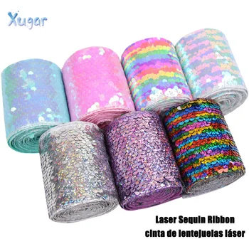 

Xugar 2y/lot 75mm Reversible Laser Double Face Ribbon Sequin Ribbon Handmade Blingbling DIY Materials For Hairbows Accessories