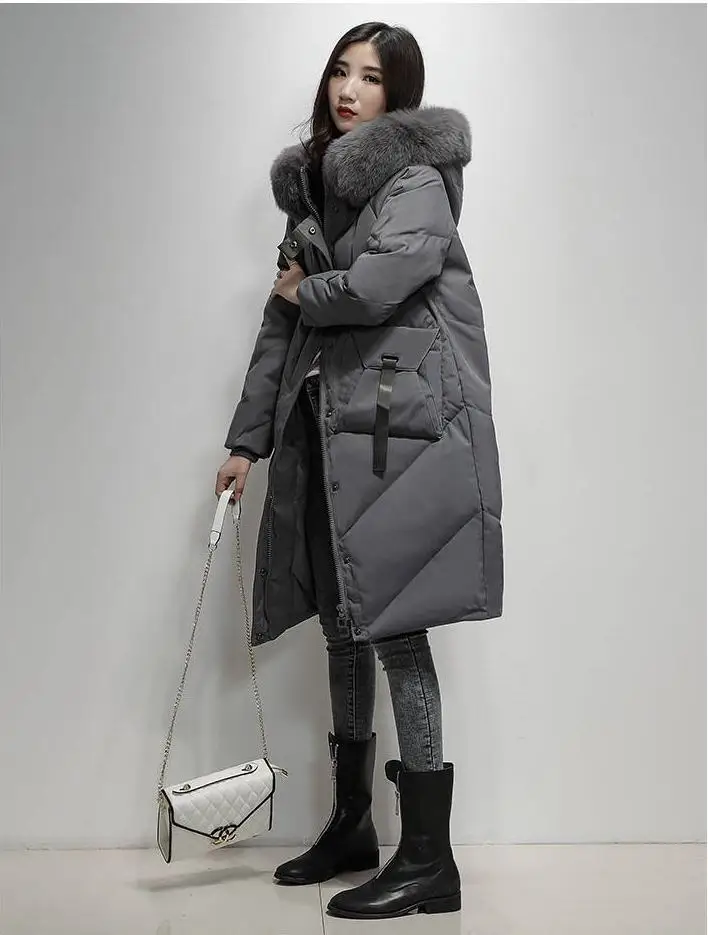 New Winter Women White Duck Down Jacket Loose Down Long Coats Ladies Large Real Fur Collar Hooded Warm Thicken Parkas C133