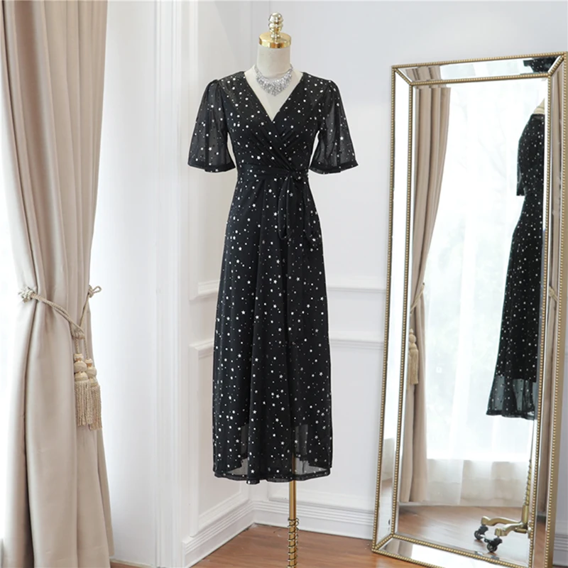 

HIGH STREET Newest 2019 Designer Runway Dress Women's Shimmer Star Gauze Wrap Dress