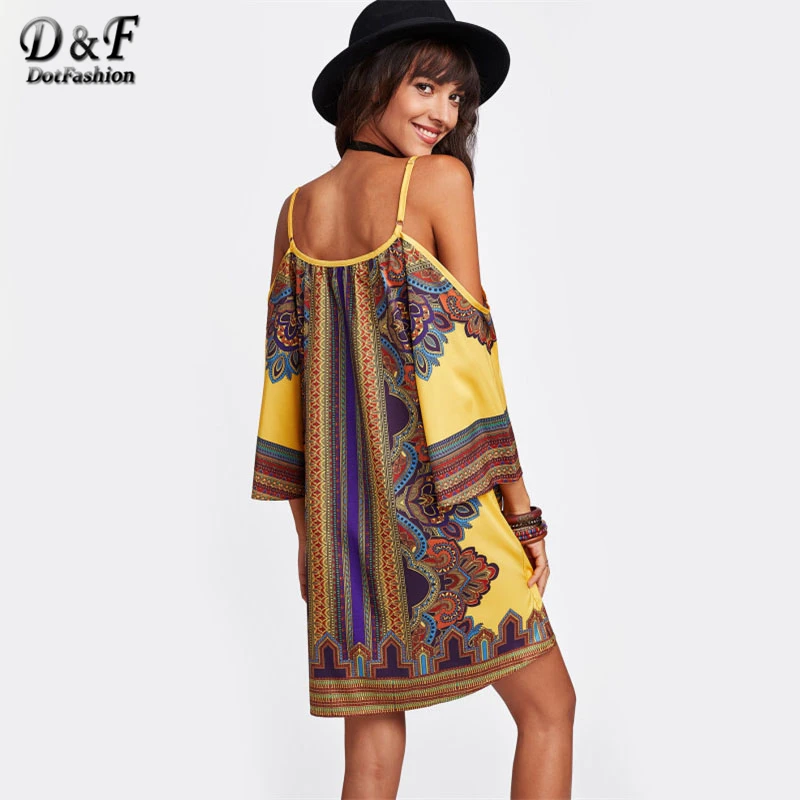 Dotfashion القبلية طباعة كيمونو كم اللباس 2019 الصيف متعدد الألوان قصيرة اللباس النساء 3/4 كم الباردة الكتف تونك اللباس التحول