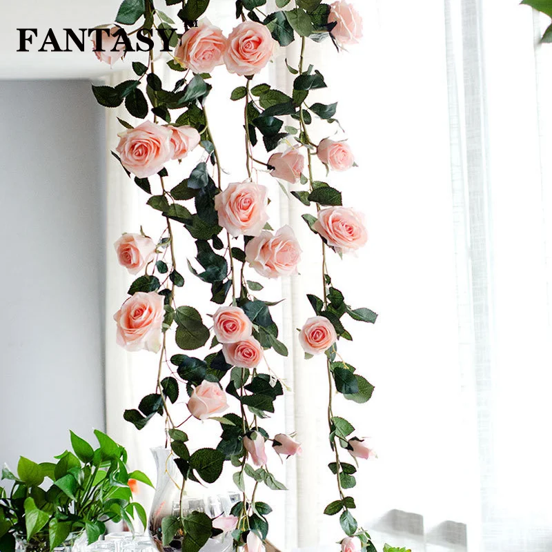 

180cm Silk Flower Rattan Artificial Rose Vine Wall Hangning Fake Rose String Garland False Plant Ivy For Wedding Garden Bedroom