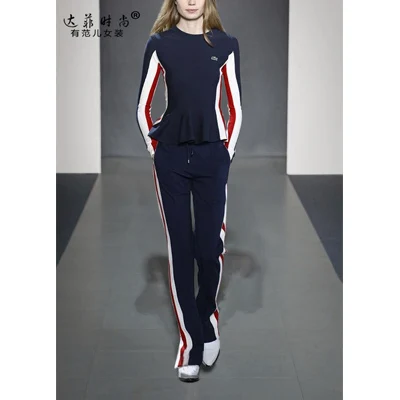 

2019 Blends Ruffles Fashion Full Tracksuits Spring New Women's Knit Suit Slim T-shirt + High Waist Trousers Leisure Two Tide