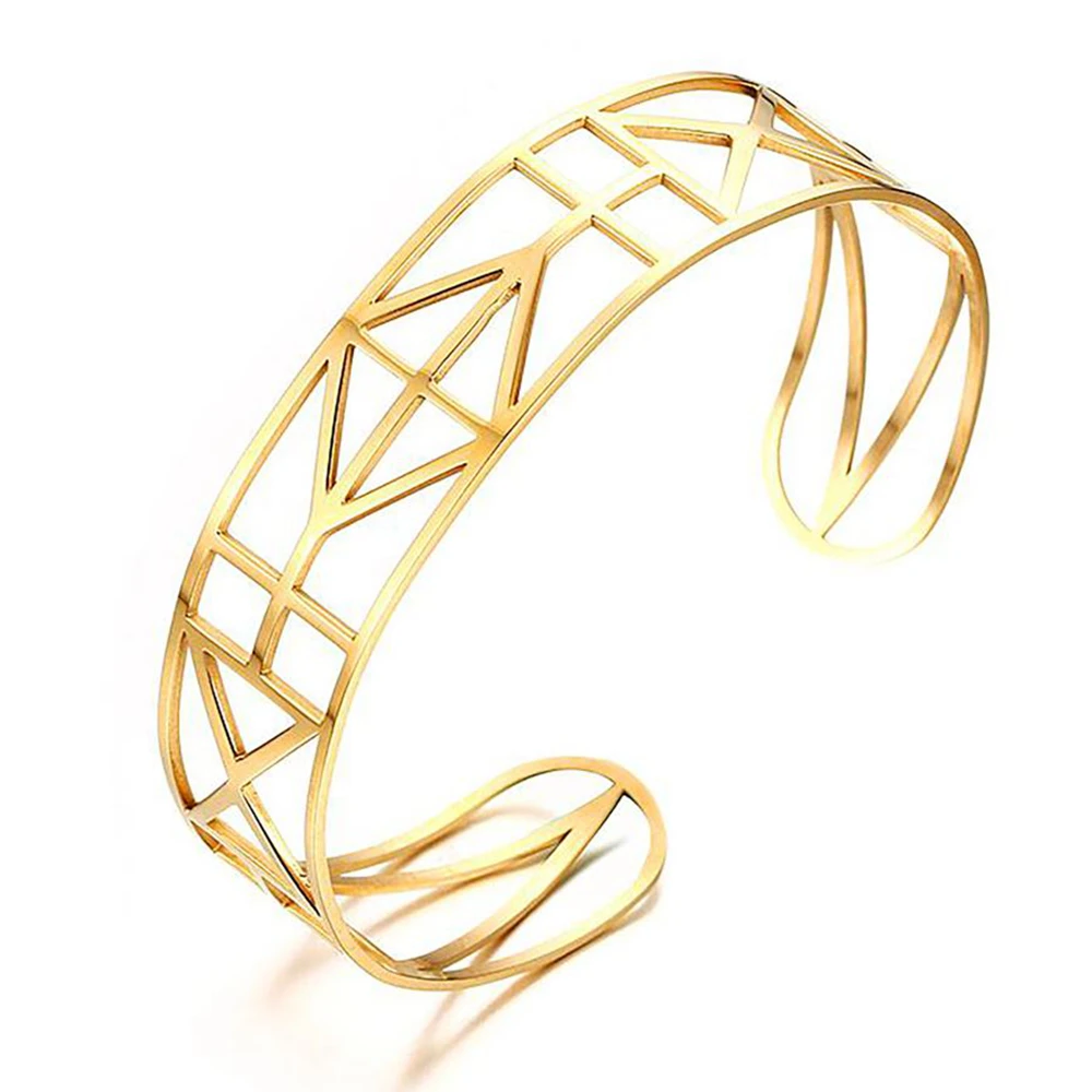 

5.8cm inner length Chic Design Golden Plated Stainless Steel Jewelry Cuff Filigree Bangle Wide Band for Women Unisex Gift Hot