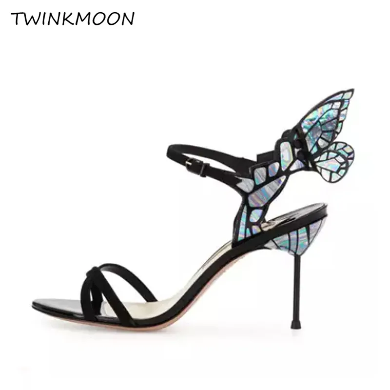 

New 2019 Metallic Butterfly Sandals Women Small Wing High Heels Shoes Designer Runway Shoes Summer buty damskie