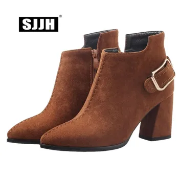 

SJJH Women Nubuck Ankle Boots with Point Toe Chunky Zip Short Plush Martin Boots Winter Fashion Formal Shoes Large Size A996