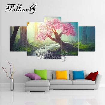 

FULLCANG 5pcs diy diamond painting "cherry tree & river" full drill cross stitch mosaic 3d embroidery multi-picture hobby G1163