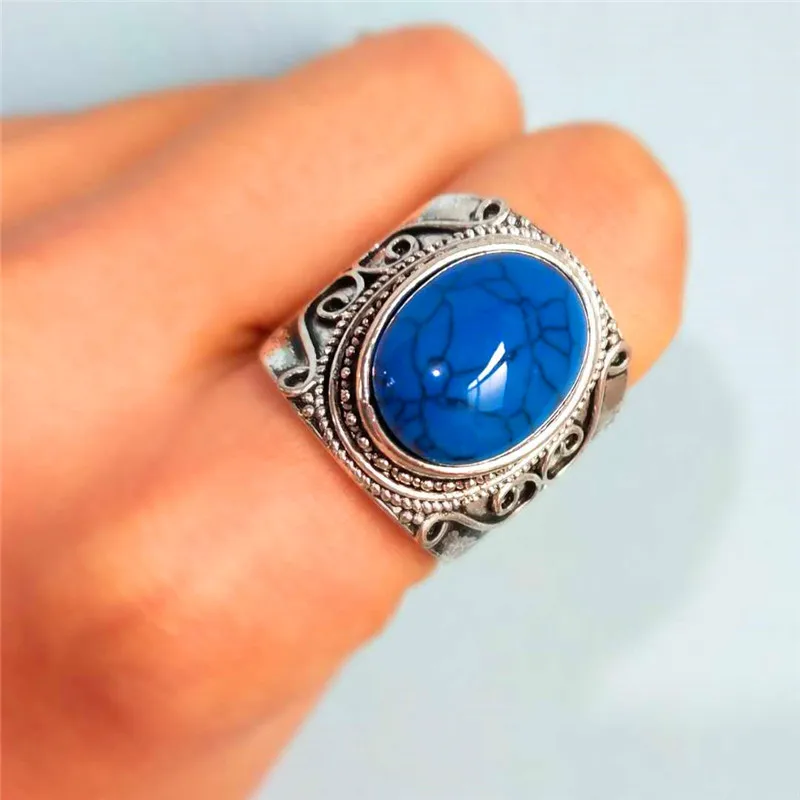 JUNXIN Blue Moonstone Oval Big Rings For Mens Antique 925 Silver Filled Christmas Fashion Jewelry Boho Wide Wedding Ring Male