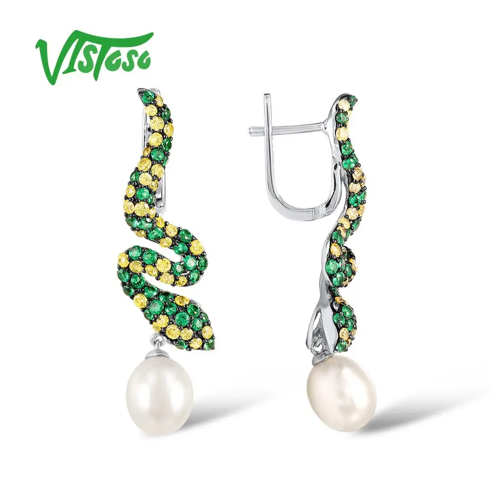 

VISTOSO Round Green Spinel Drop Earrings For Women Fine Jewelry Hanging Earrings Yellow Nano Cubic Zirconia Fresh Water Pearl