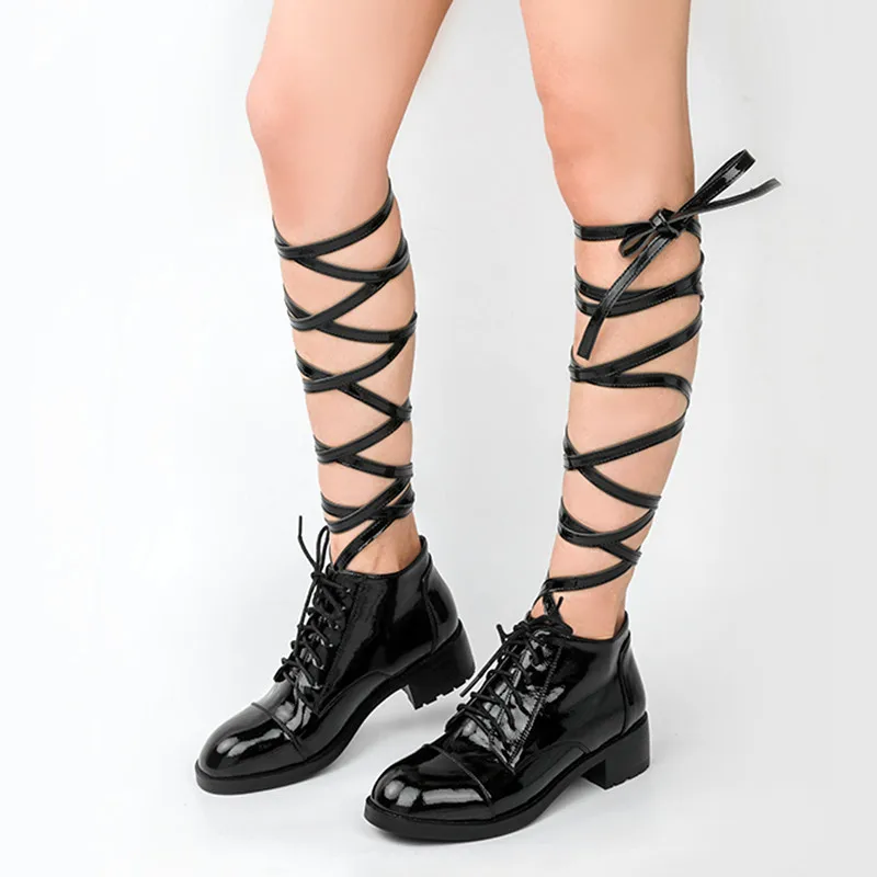 

Cross Tied Women Boots Black Zapatos Mujer Lace Up Soft Leather Oxfords Thick Heels Dress Shoes Woman Runway Botas Mujer Size 40
