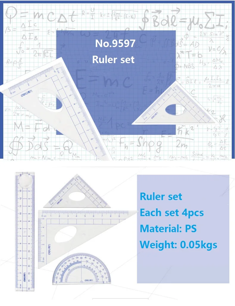1 комплект 4 шт. набор линейки для студентов прозрачные математические линейки PS Материал прямые треугольные школьные линейки принадлежности Deli 9597