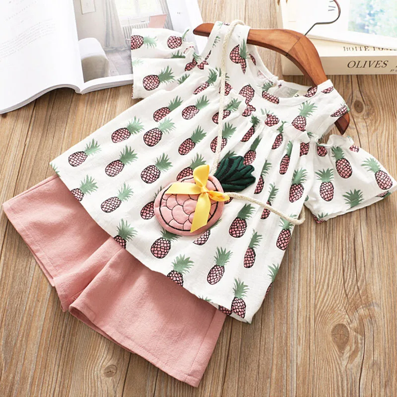 

2019 Summer Toddler Kids Girls Set Sweet Girls Short Sleeve Top+ Shorts+Bag 3pcs Fashion Fruit Print Kids Outfits Girl Suits