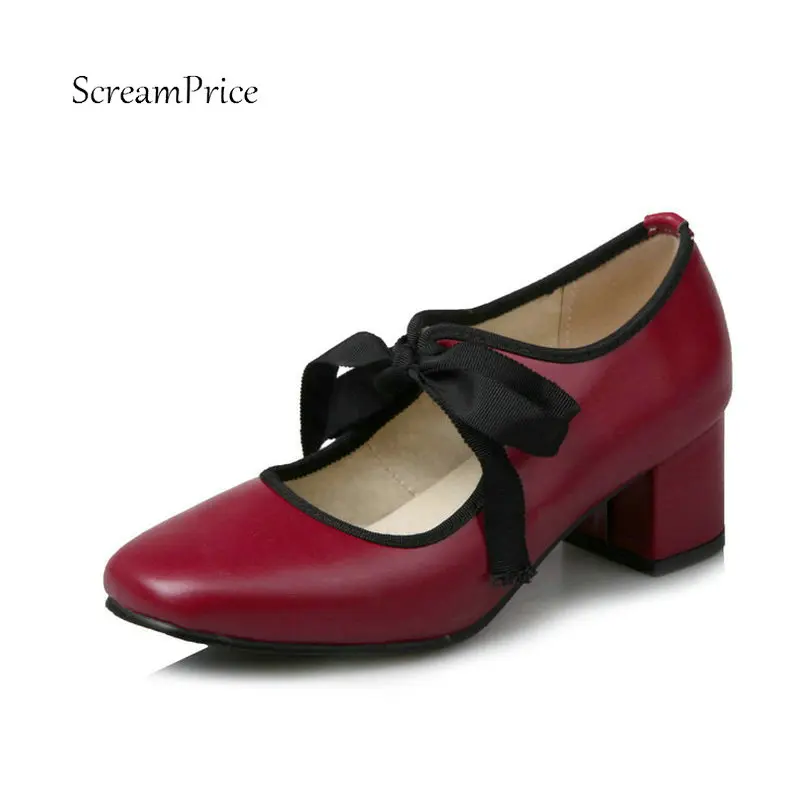 

Retort Lace Up Mary Janes High Heel Shoes PU Square Toe Shallow Party Pumps Square Heel Woman Shoes Black Sliver Pink Wine Red