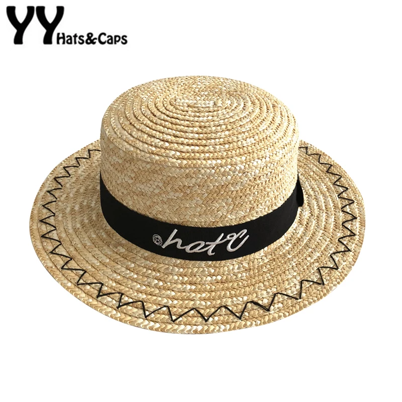 شقة الأعلى سترو قبعة الصيف شاطئ قبعات النساء الشمس مع القبعات واسعة حافة إلكتروني التطريز YY18060 الطبيعية سترو sunhats جديدة