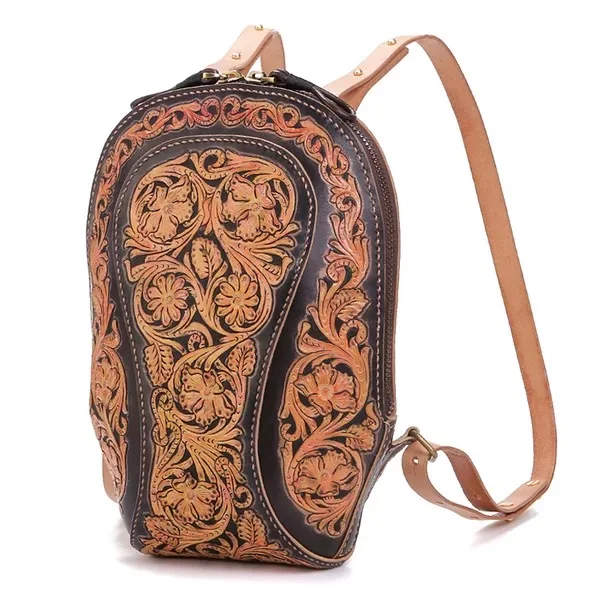 

100% Handmade Vintage Genuine Cow Leather Engraved Flower Designer Ladies Women Small Mini Backpack Retro Female Floral Backpack